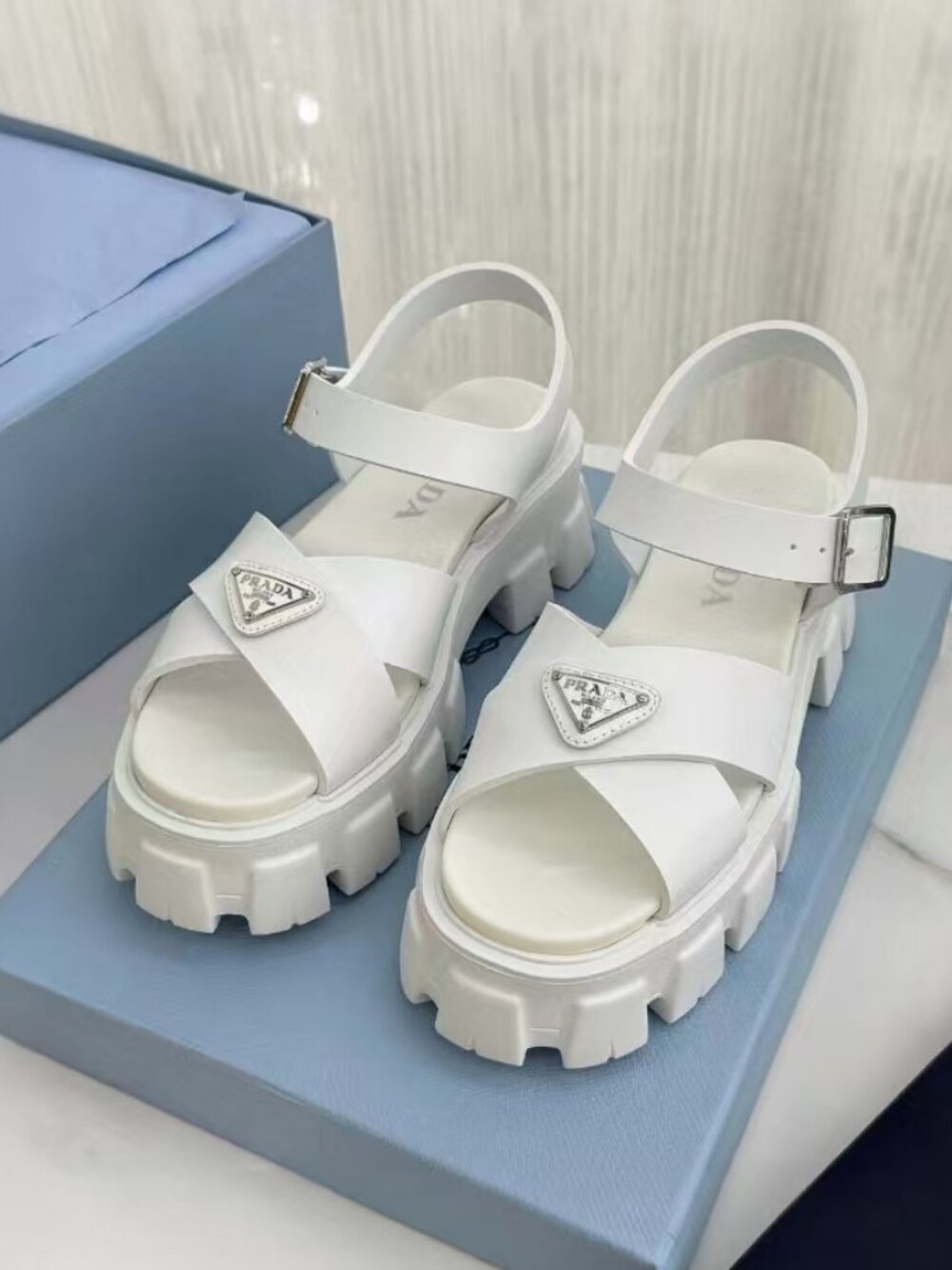 Prada Polished Silver Triangle Logo White Rubber Chunky Slides